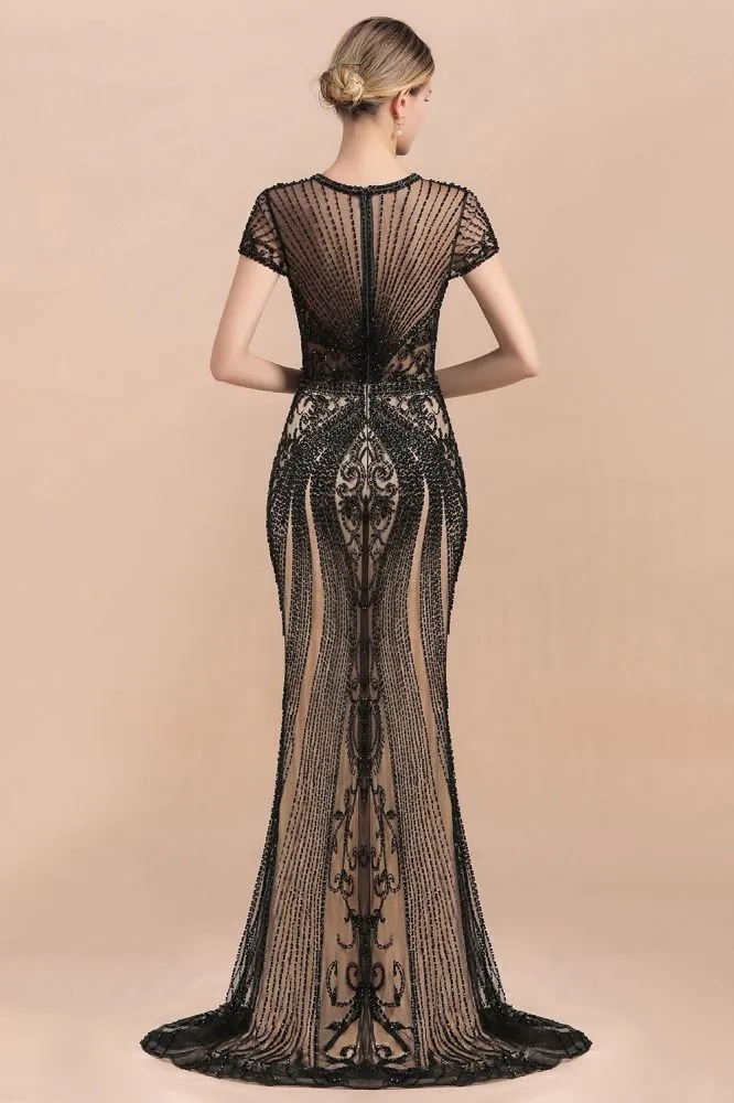 Luxury Black Covered Beaded Mermaid Prom Dress Cap Sleeves Party Dress