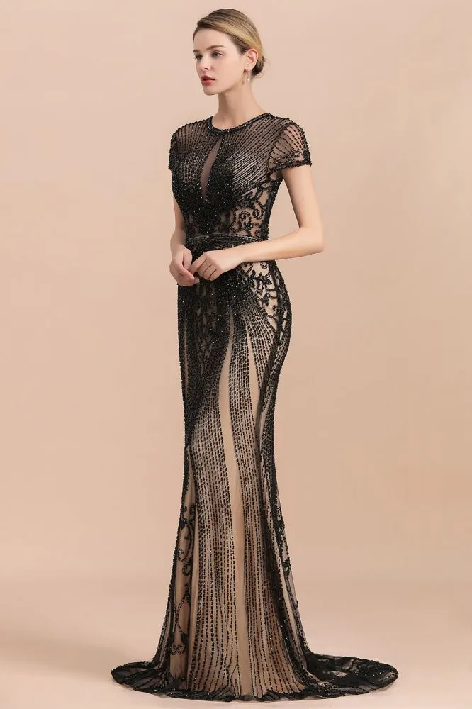 Luxury Black Covered Beaded Mermaid Prom Dress Cap Sleeves Party Dress