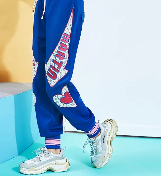 MAXMARTIN BLUE JOGGER PANTS WITH LOGO AND HEART PATCHED