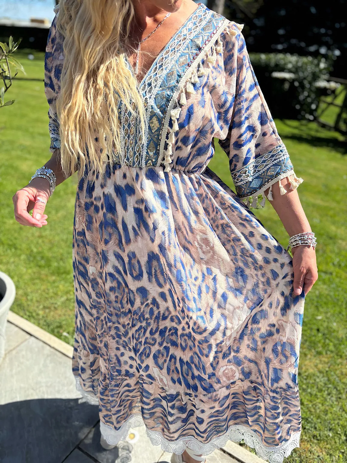 Mocha Embroidered Animal Kaftan Dress Sienna
