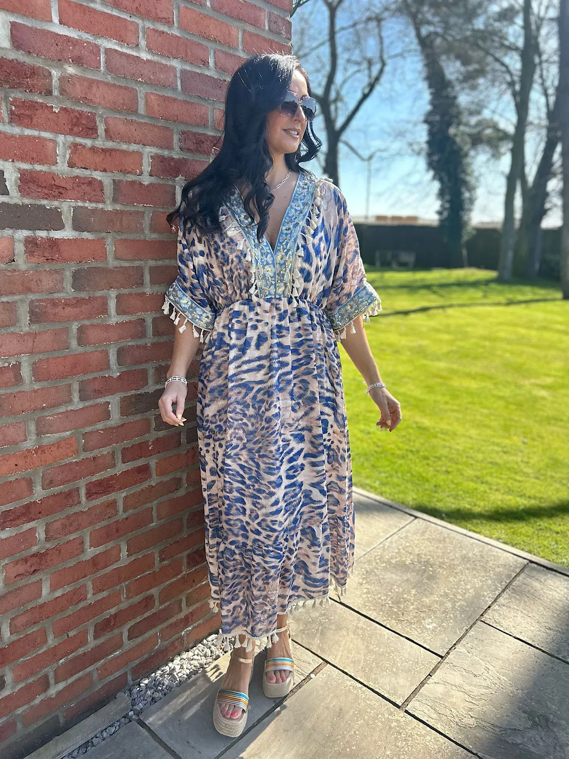 Mocha Embroidered Animal Kaftan Dress Sienna