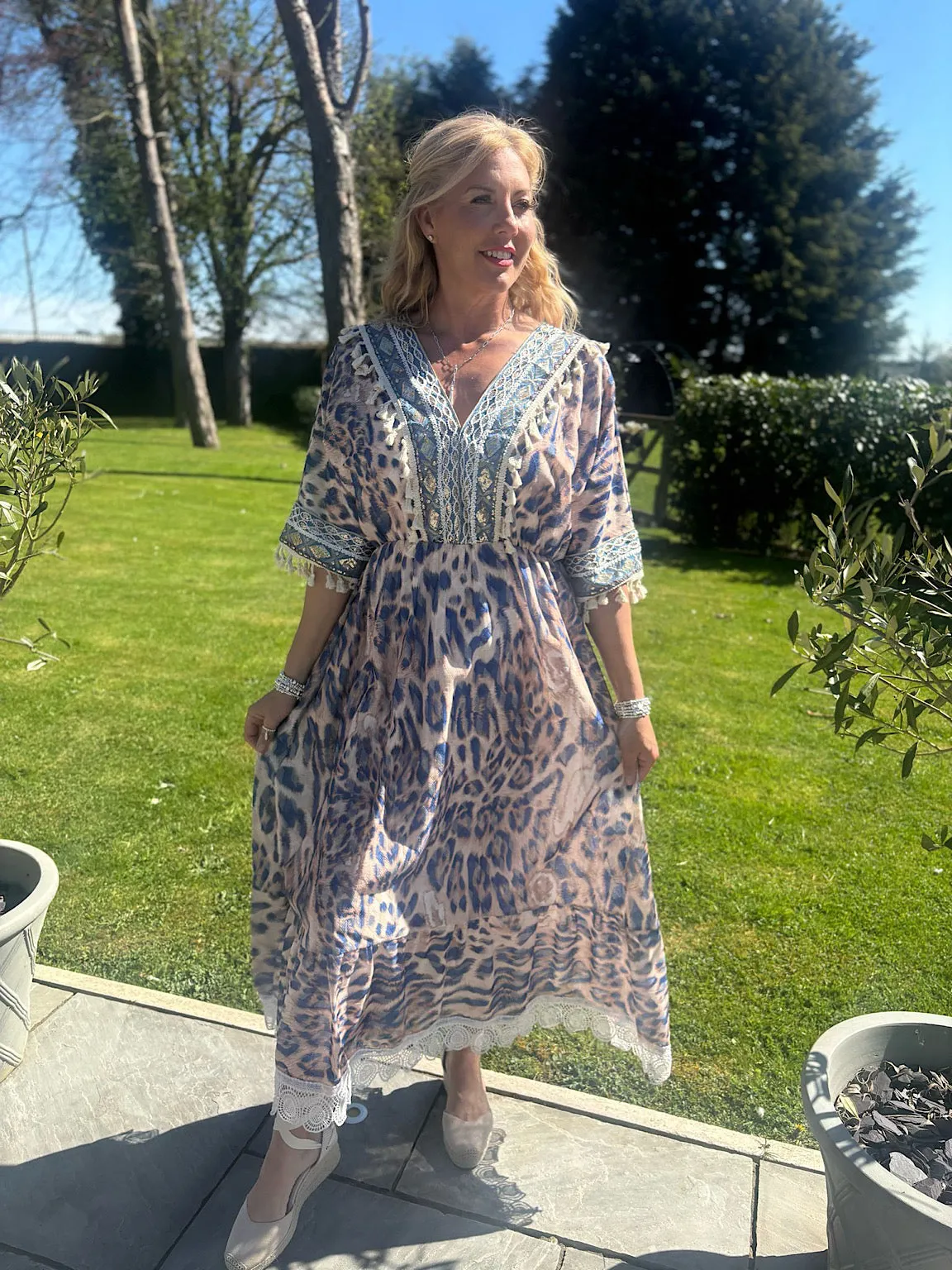 Mocha Embroidered Animal Kaftan Dress Sienna