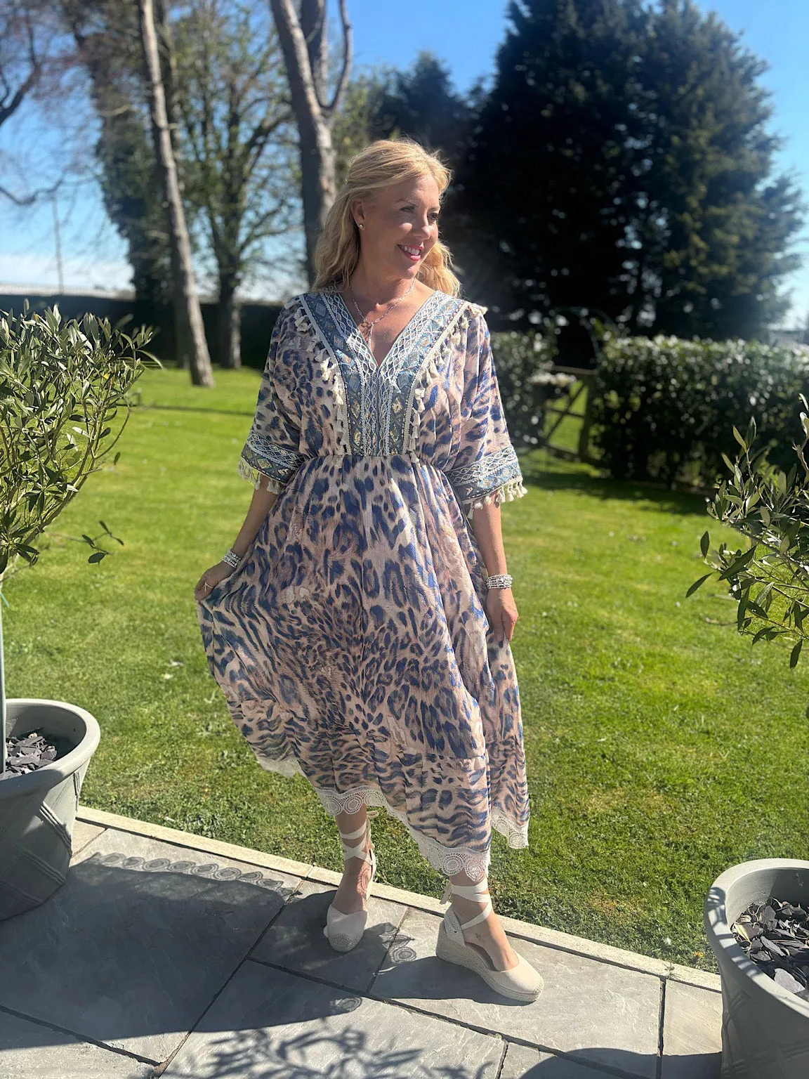 Mocha Embroidered Animal Kaftan Dress Sienna