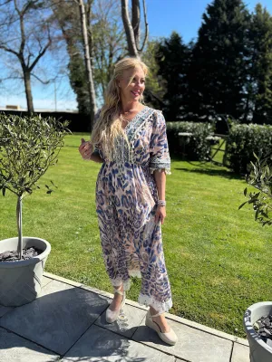 Mocha Embroidered Animal Kaftan Dress Sienna