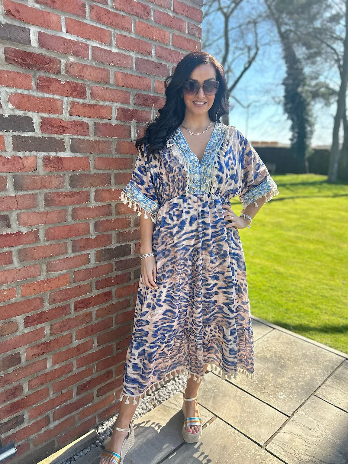 Mocha Embroidered Animal Kaftan Dress Sienna
