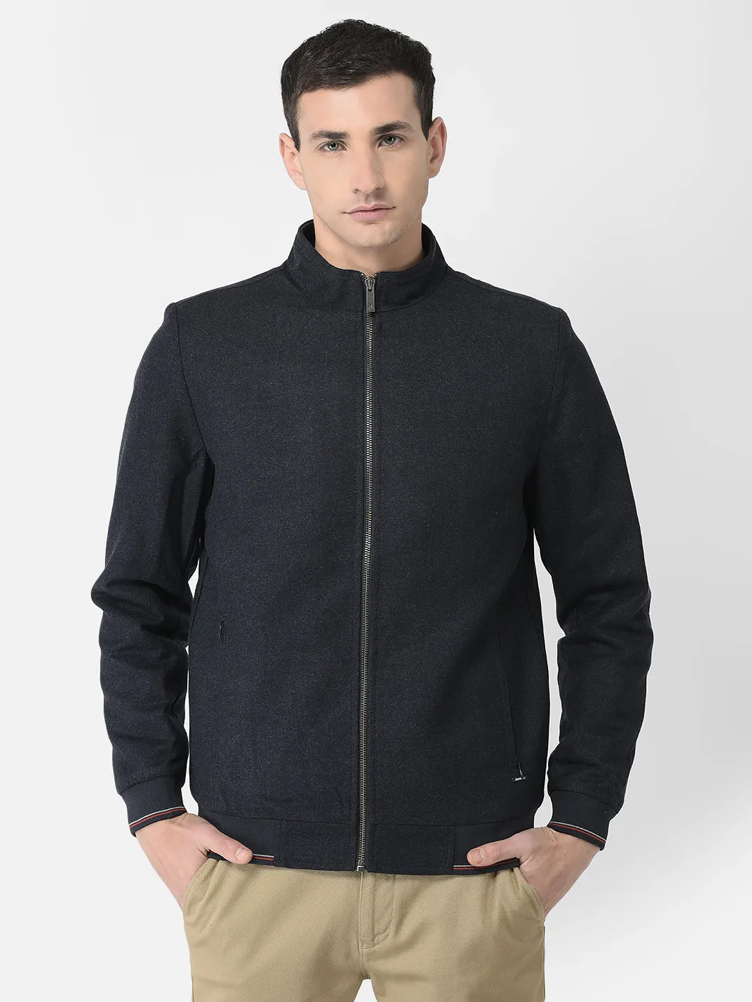 Navy Blue Solid Varsity Jacket