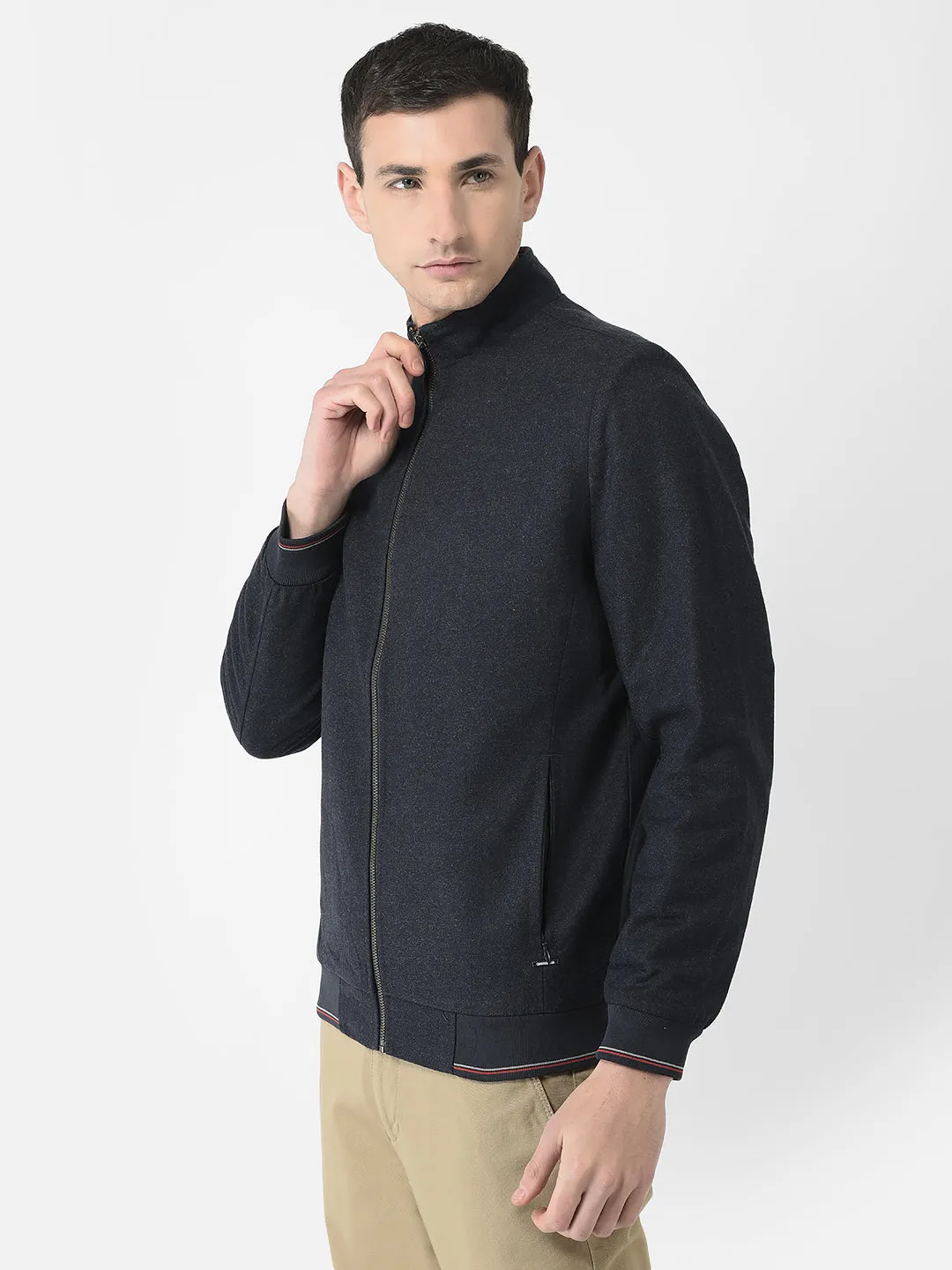 Navy Blue Solid Varsity Jacket