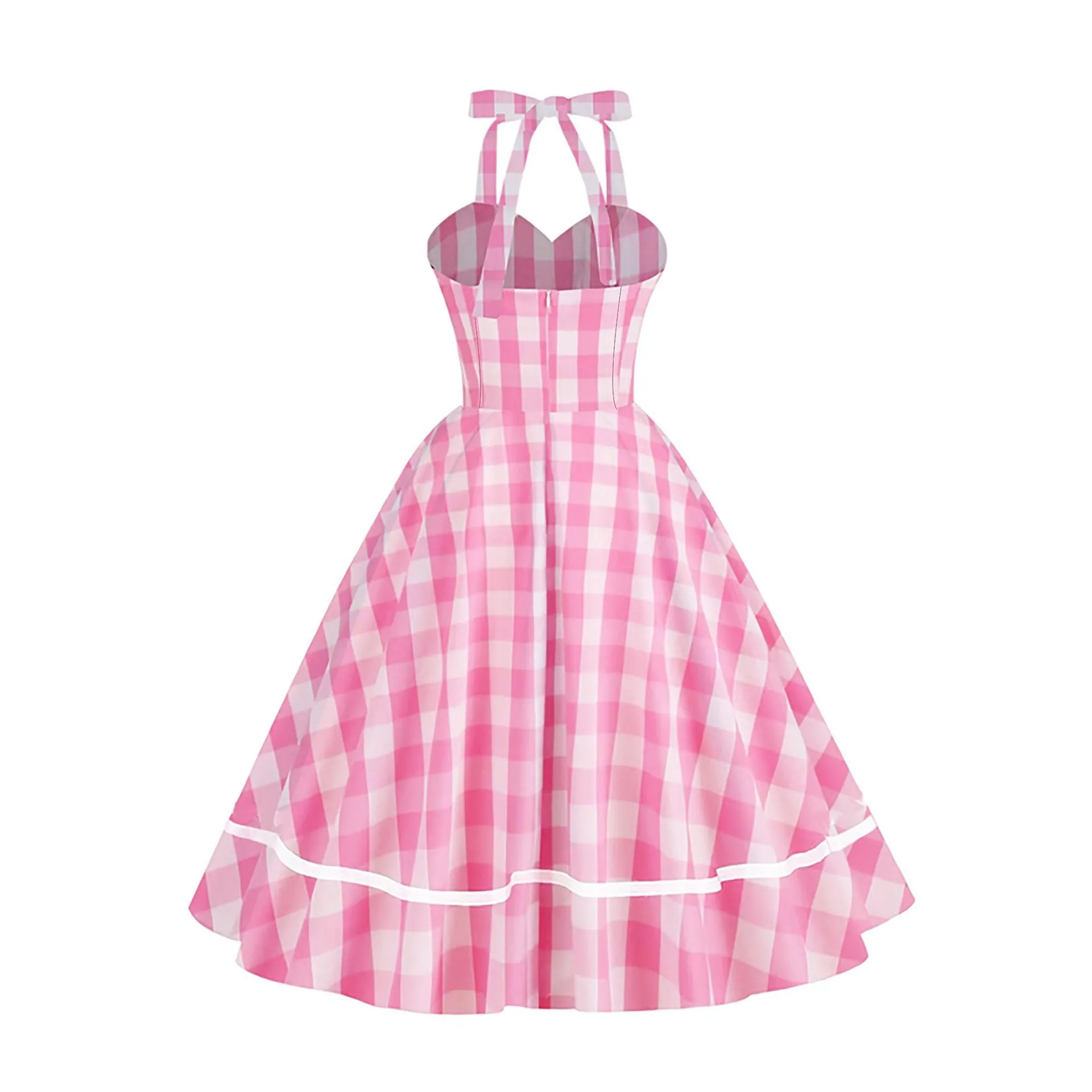 Neck Barbie Pink Webbing Retro Elegant Splicing Plaid A-Line Dress