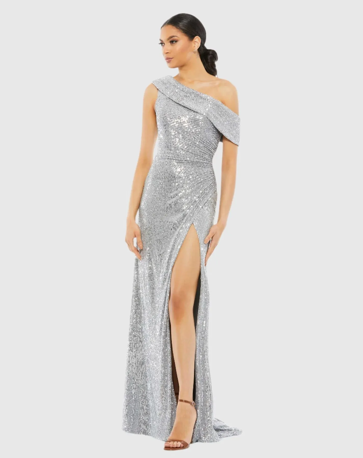 One shoulder ruched sequin gown - Platinum