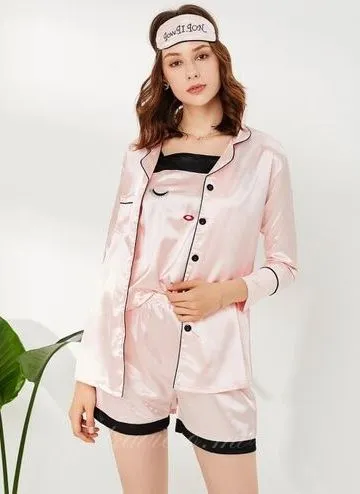Pink Lapel Silk 3 Pcs Sleepwear