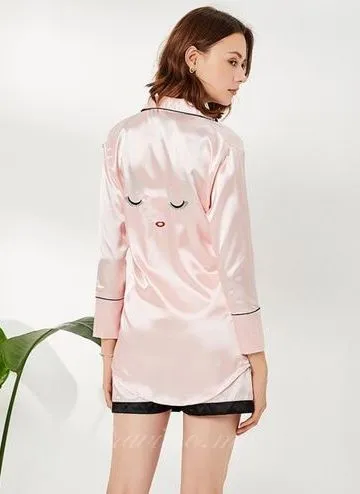 Pink Lapel Silk 3 Pcs Sleepwear