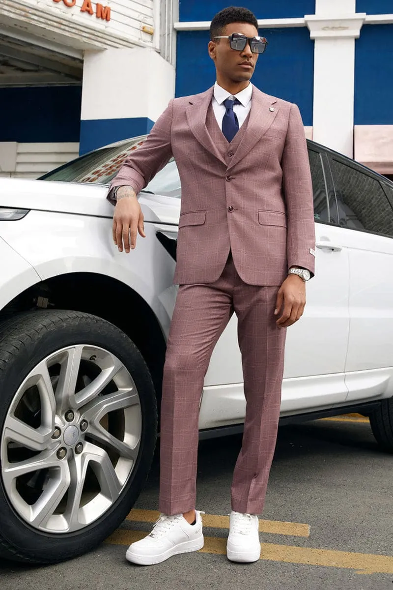 "Mens Stacy Adams Suit - Stacy Adams Suit Men's Vested Business Suit - Two Button, Mauve Plaid"