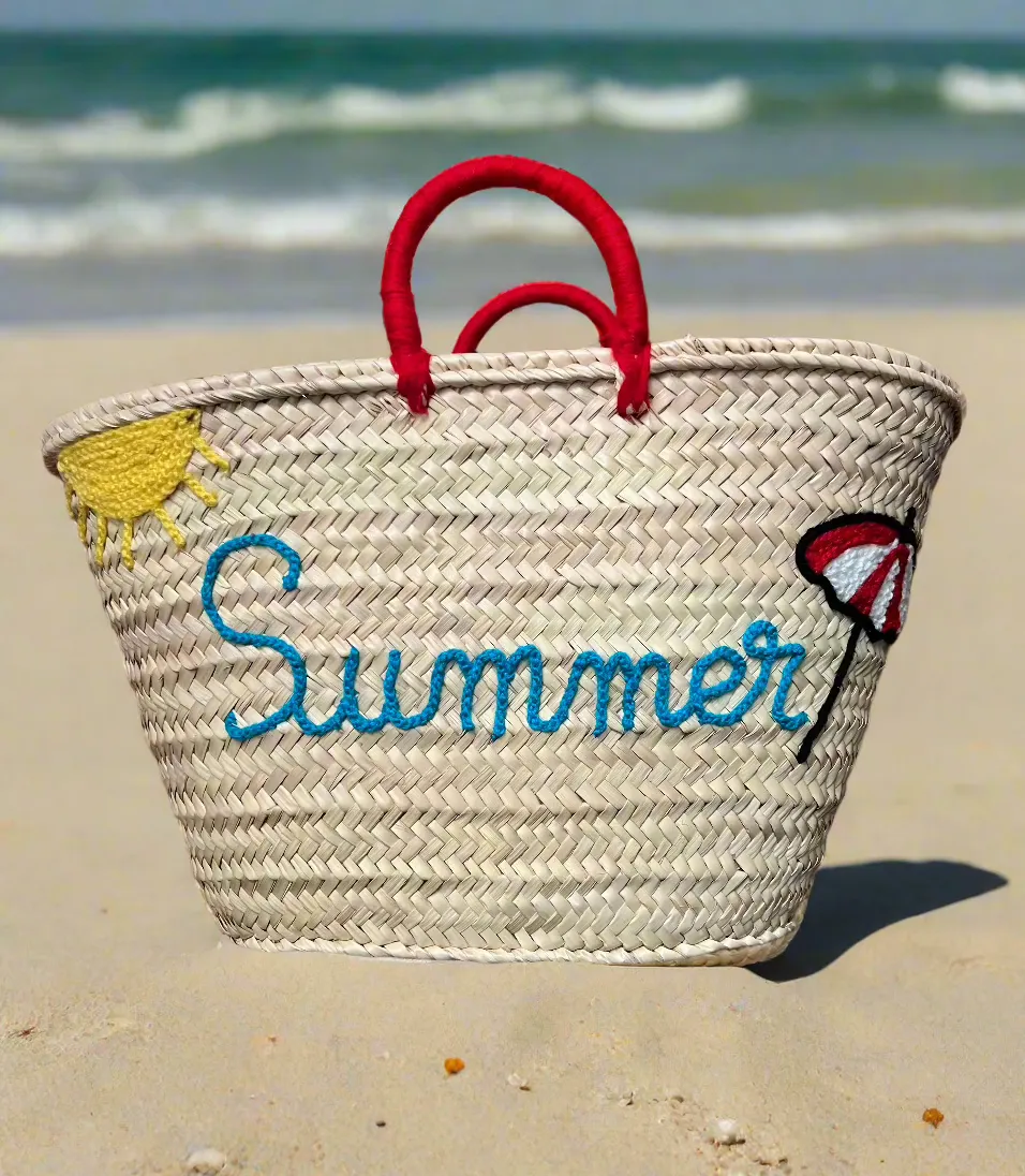 "Summer" Handmade Straw Bag with Sun and Beach Umbrella