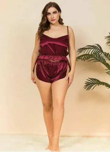 Red Plus Satin Cami With Split Side Shorts