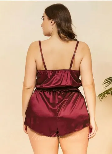 Red Plus Satin Cami With Split Side Shorts