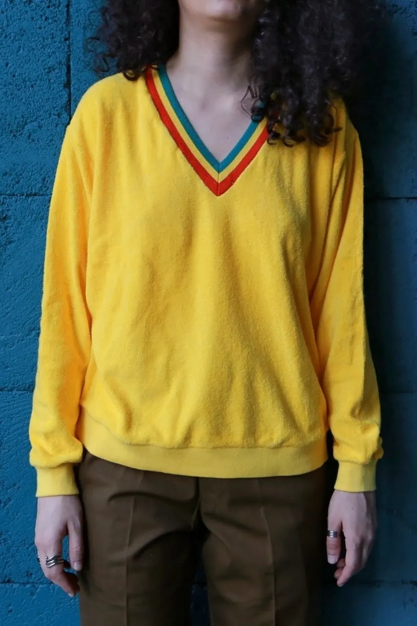 RESTOSANA Vintage 70s Terrycloth V-Neck Sweater – Retro Striped Collar