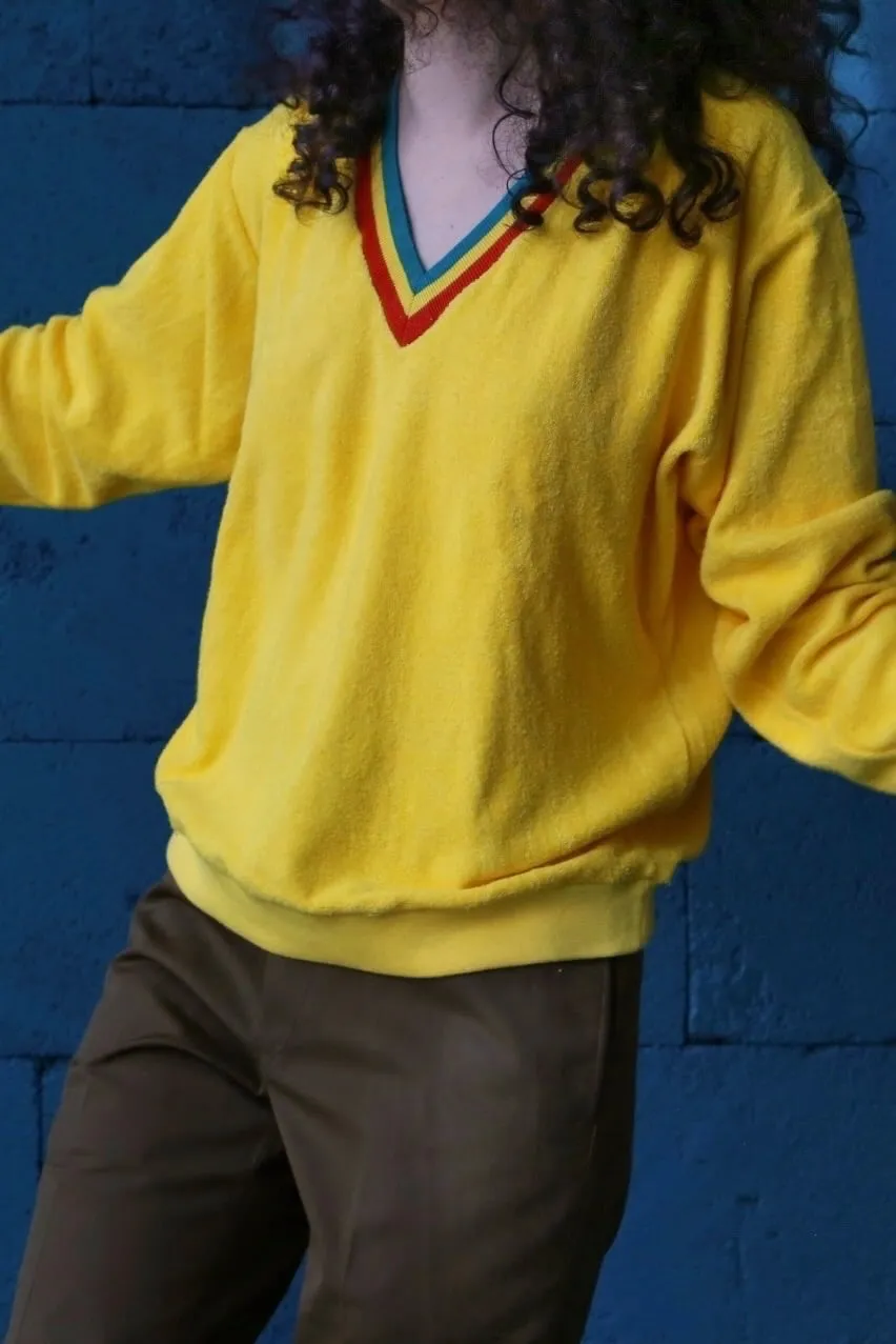 RESTOSANA Vintage 70s Terrycloth V-Neck Sweater – Retro Striped Collar