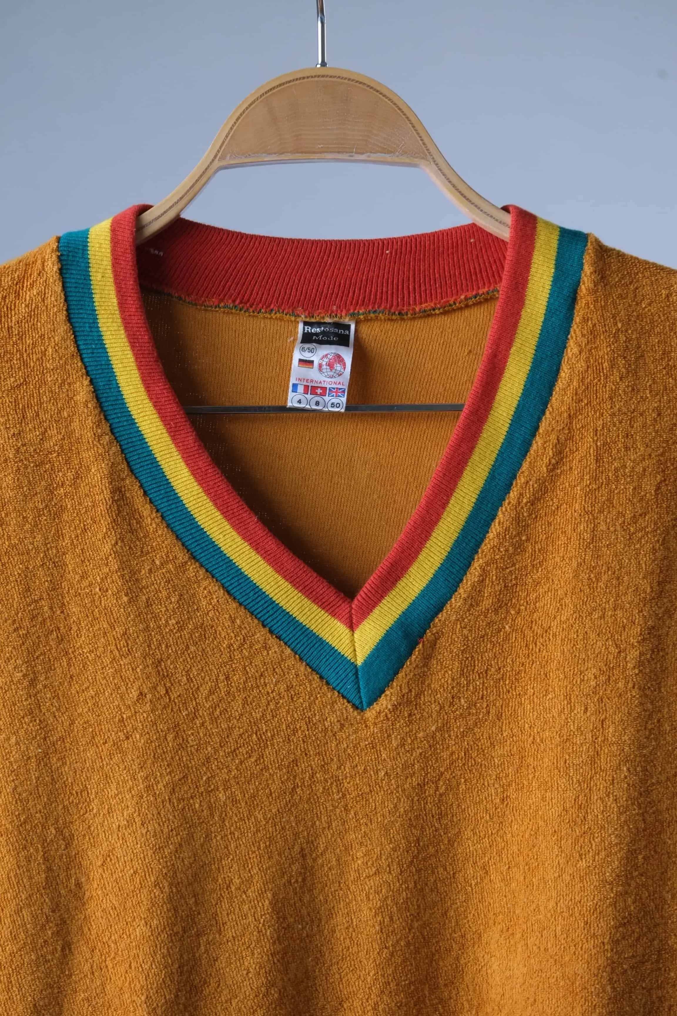 RESTOSANA Vintage 70s Terrycloth V-Neck Sweater – Retro Striped Collar