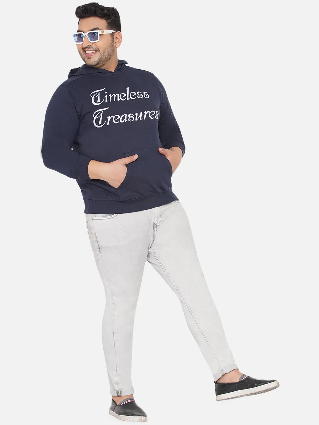 Santonio - Plus Size Regular Fit Navy Blue Casual Hooded Cotton Sweatshirt