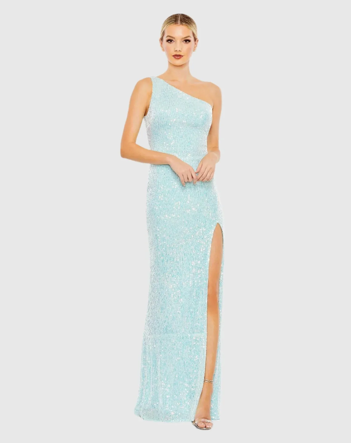 Sequin one shoulder draped back gown - Ice blue