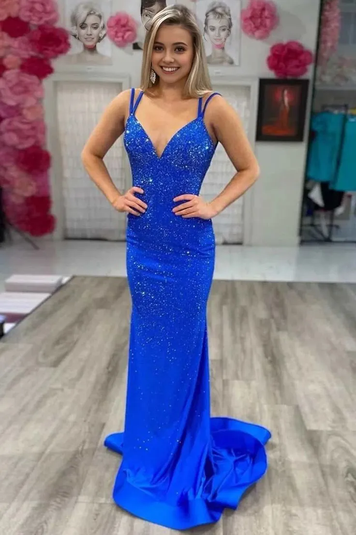 Sexy Royal Blue Sequin Spaghetti Strap Criss-Cross Back Pleats Mermaid Evening Prom Dresses,WGP468