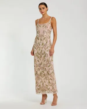 Sleeveless Hand Beaded Floral Midi Dress - Nude