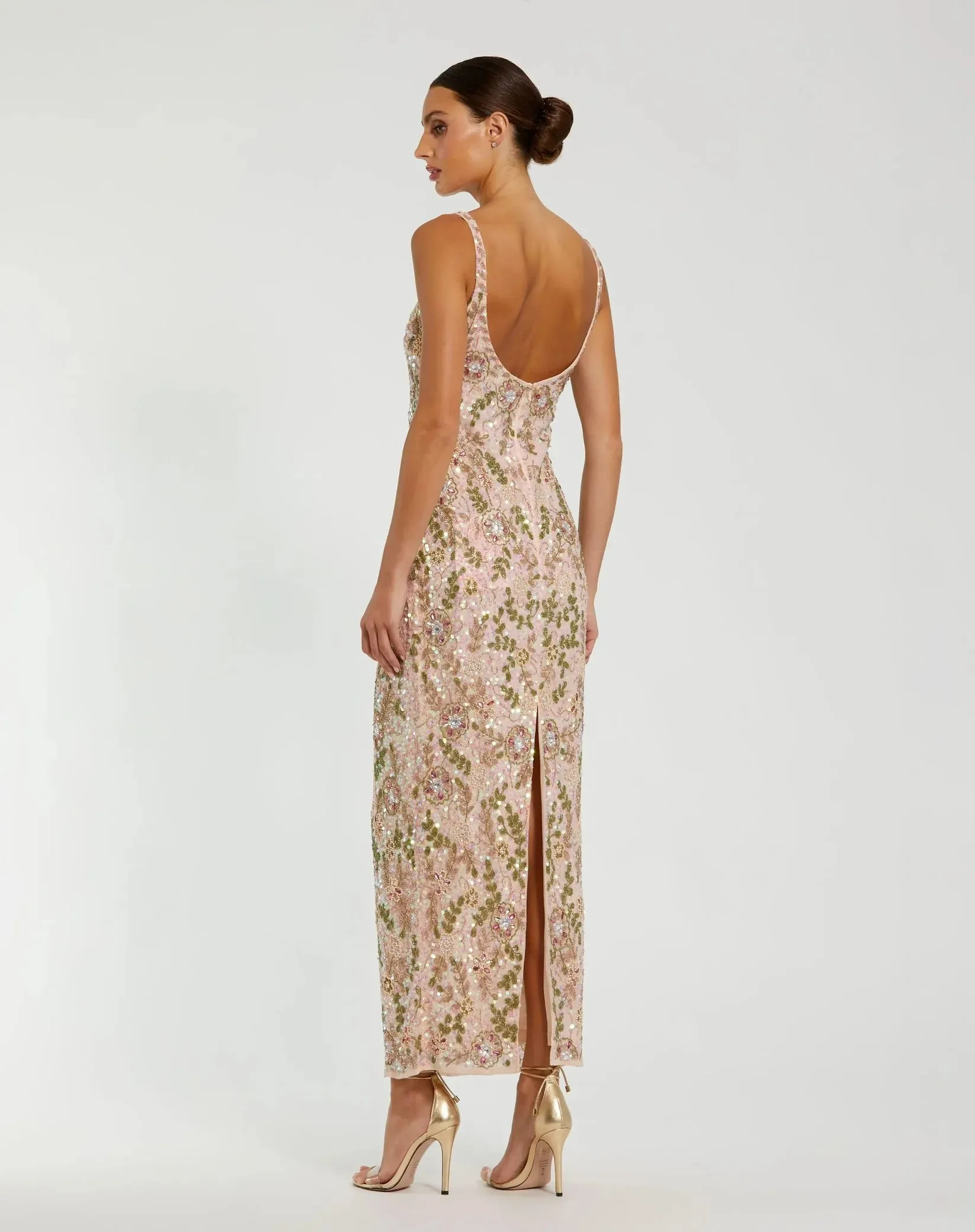Sleeveless Hand Beaded Floral Midi Dress - Nude