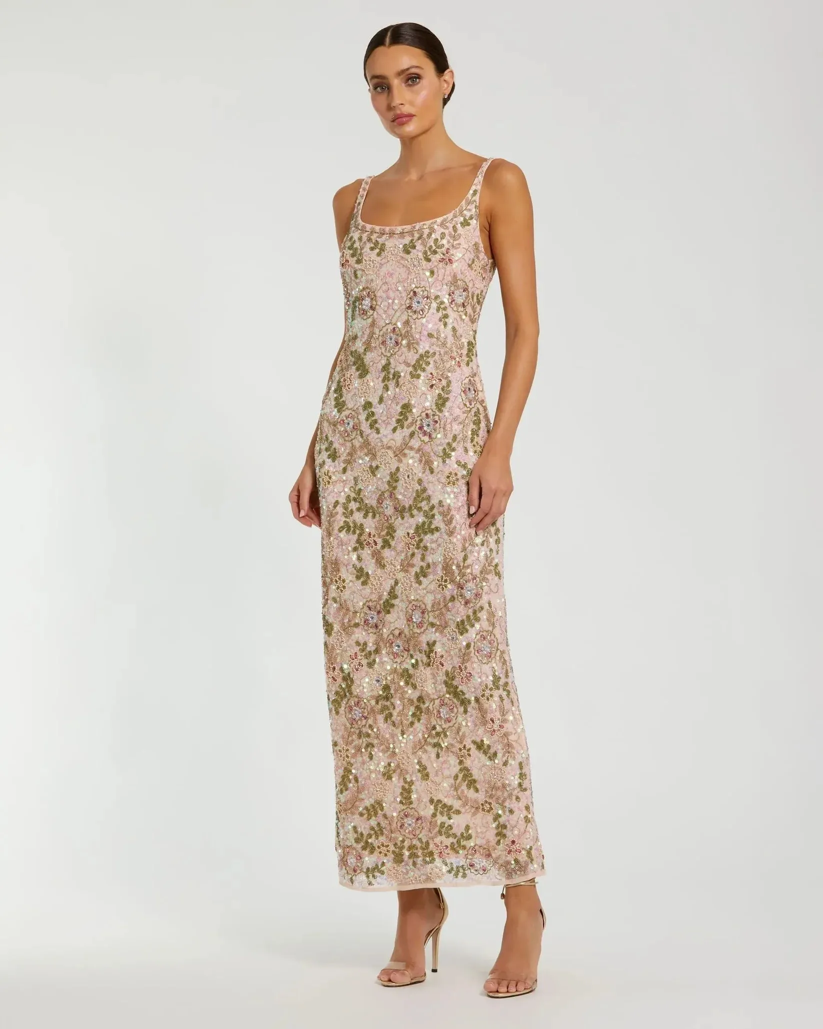 Sleeveless Hand Beaded Floral Midi Dress - Nude
