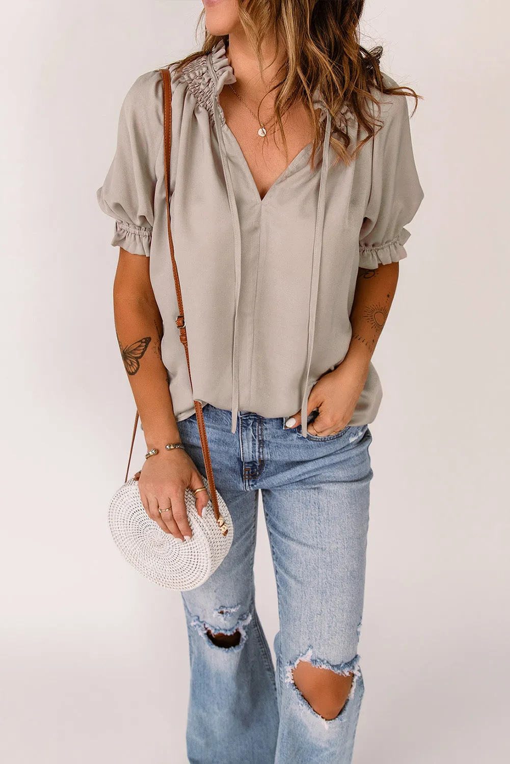 Smocked Frill Trim Flounce Sleeve Blouse - 2 colors