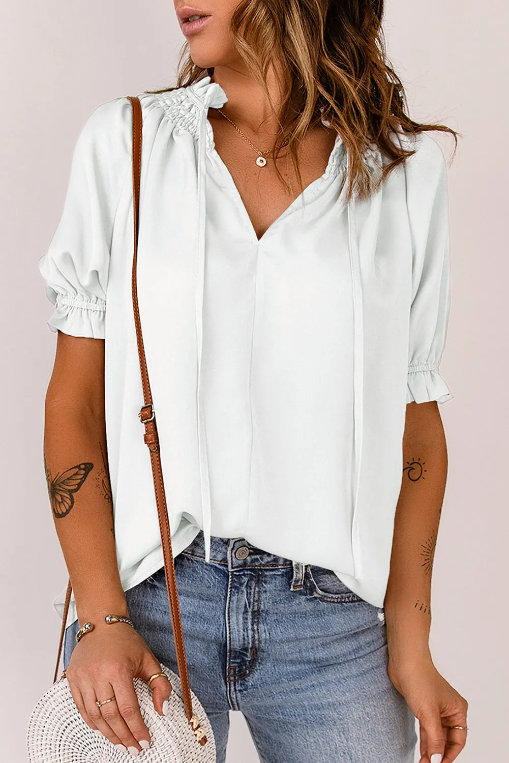 Smocked Frill Trim Flounce Sleeve Blouse - 2 colors