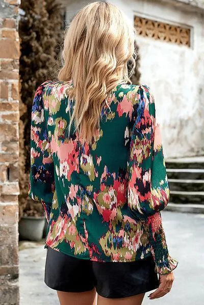 Smocked Long Balloon Sleeve Mock Neck Blouse