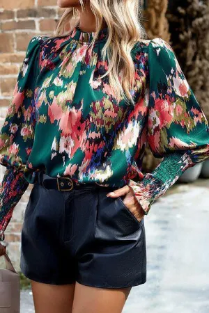 Smocked Long Balloon Sleeve Mock Neck Blouse