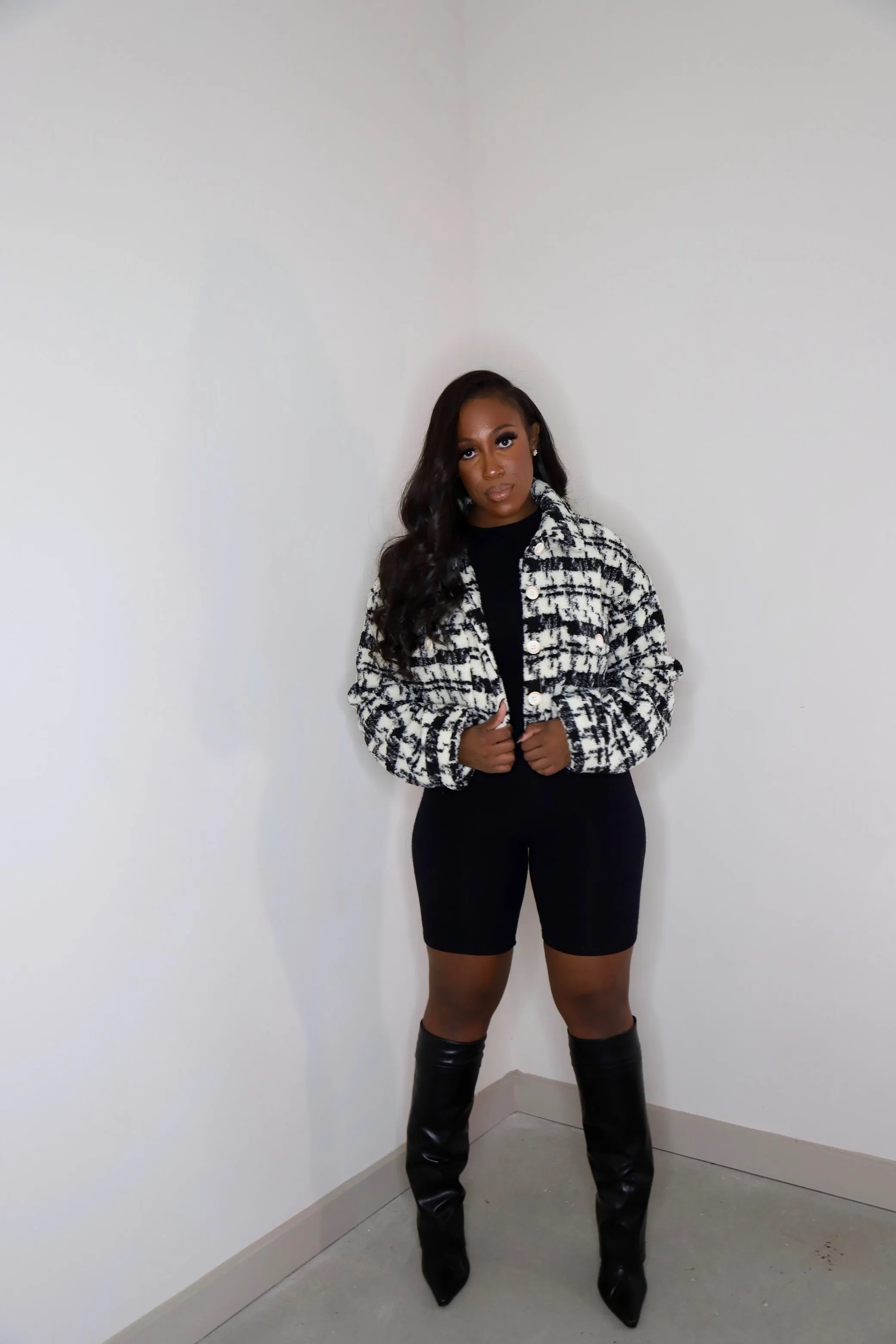 Teddy | Houndstooth Sherpa Crop Coat