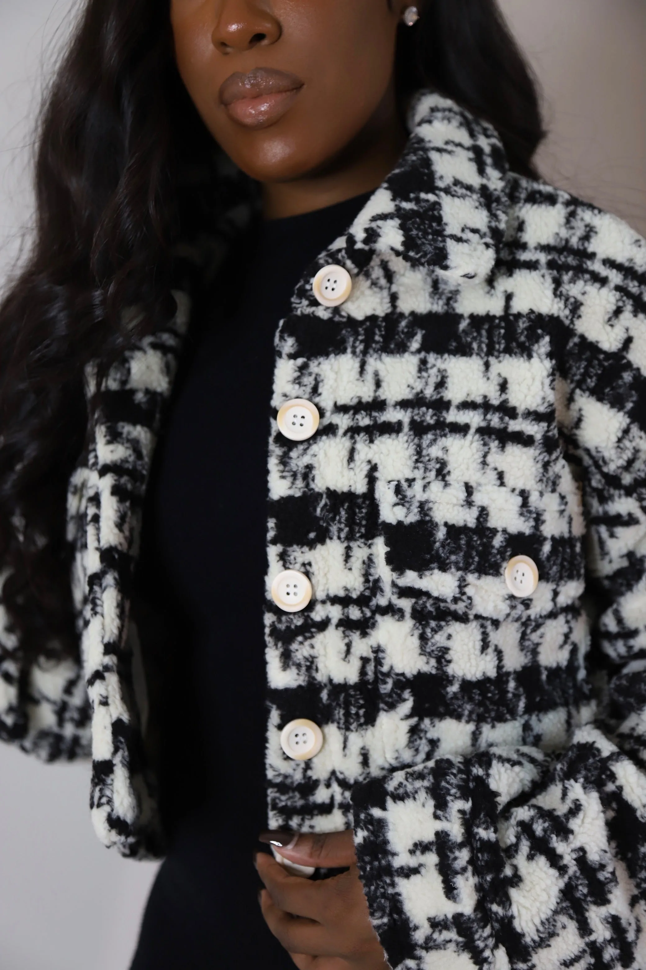 Teddy | Houndstooth Sherpa Crop Coat