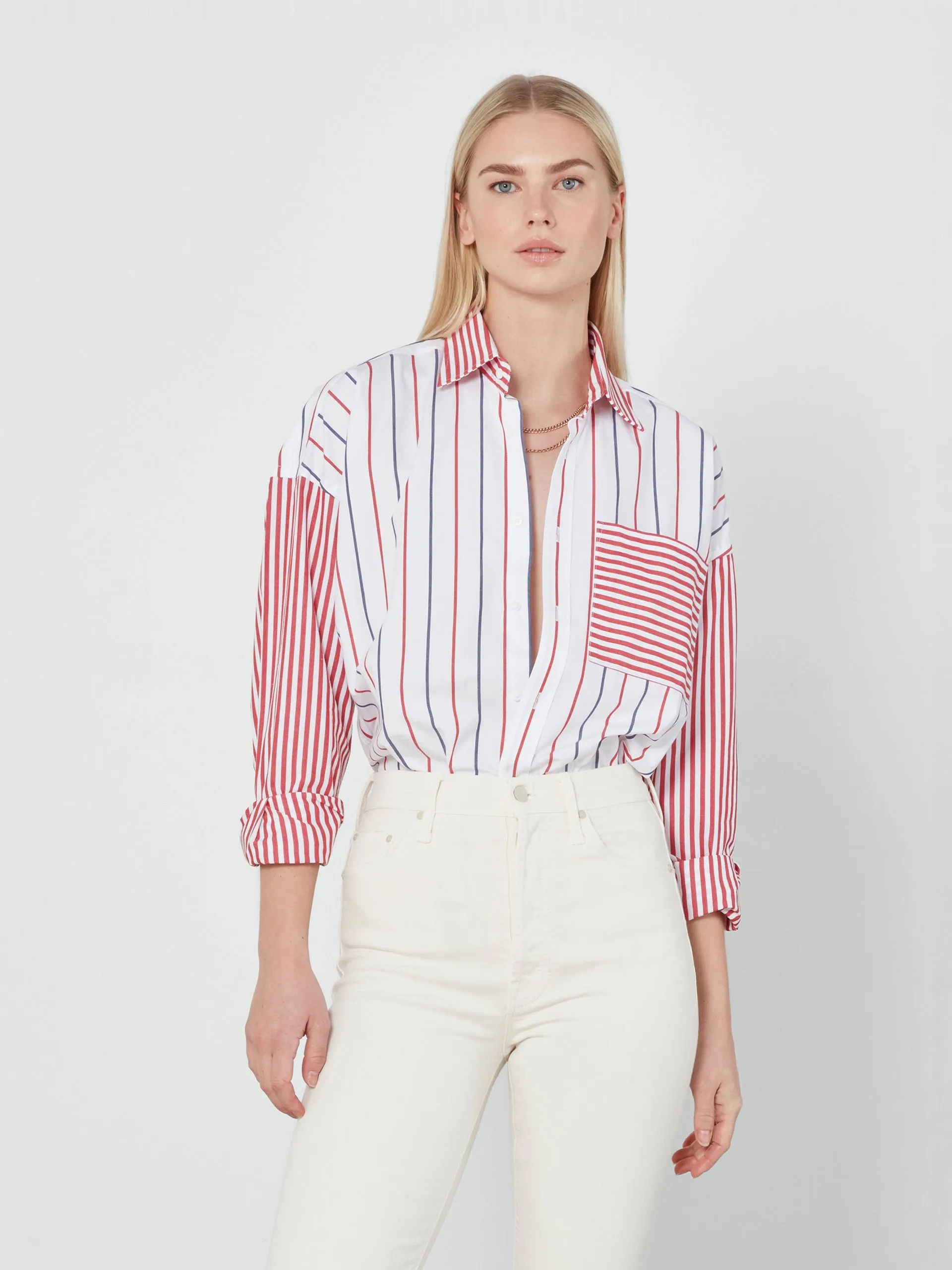 The Weekend fine poplin, red patchwork shirt