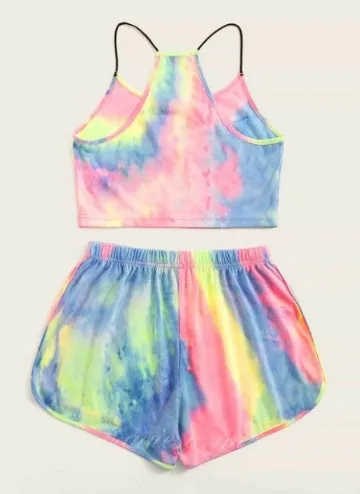 Tie Dye Letter Cami Top & Track Shorts Set