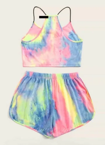 Tie Dye Letter Cami Top & Track Shorts Set