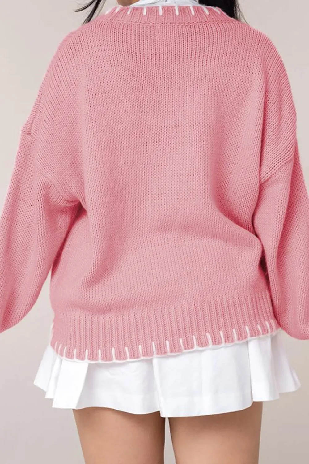 Trendy Bow Graphic Round Neck Long Sleeve Knit Sweater