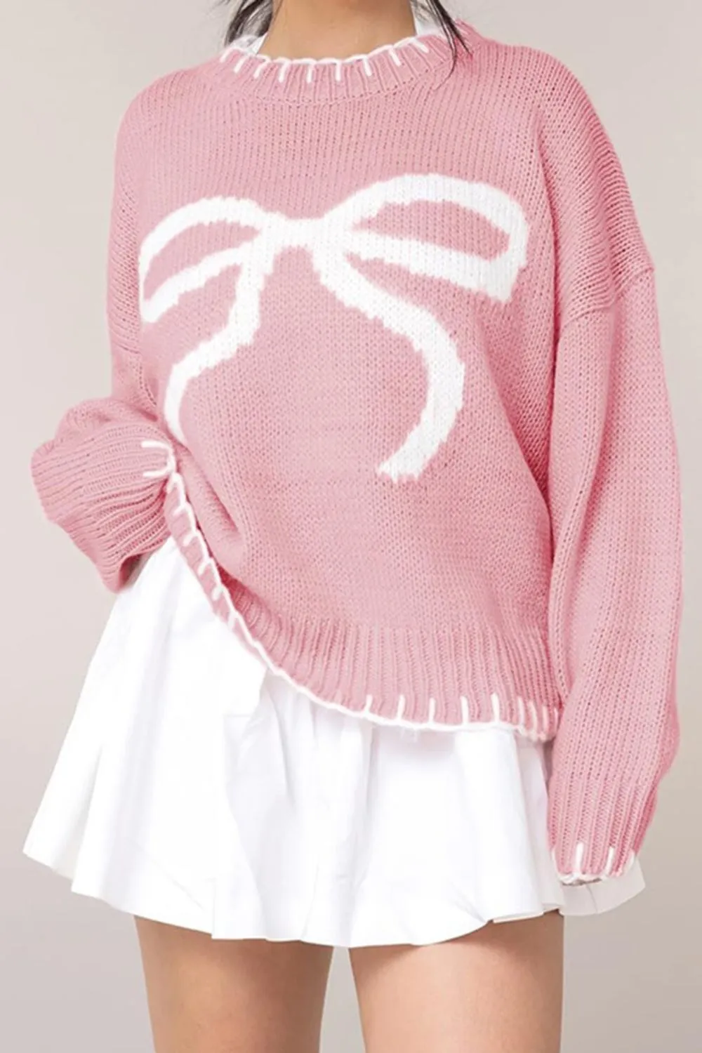 Trendy Bow Graphic Round Neck Long Sleeve Knit Sweater