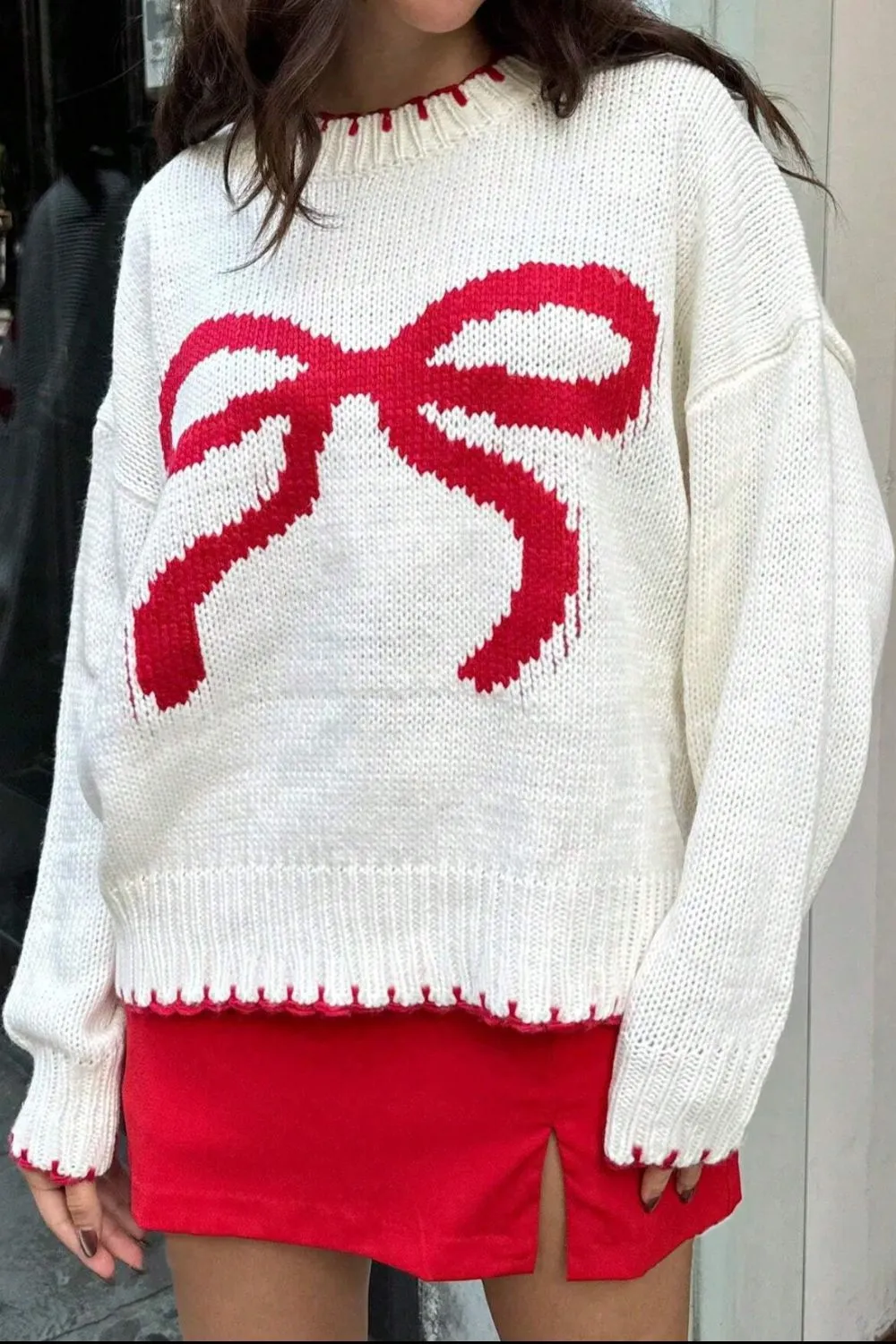 Trendy Bow Graphic Round Neck Long Sleeve Knit Sweater