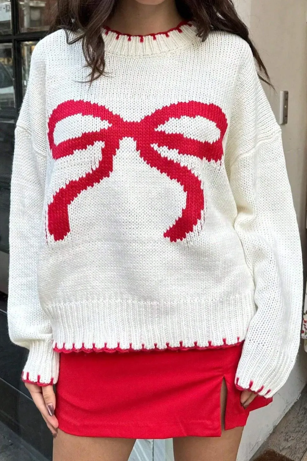 Trendy Bow Graphic Round Neck Long Sleeve Knit Sweater