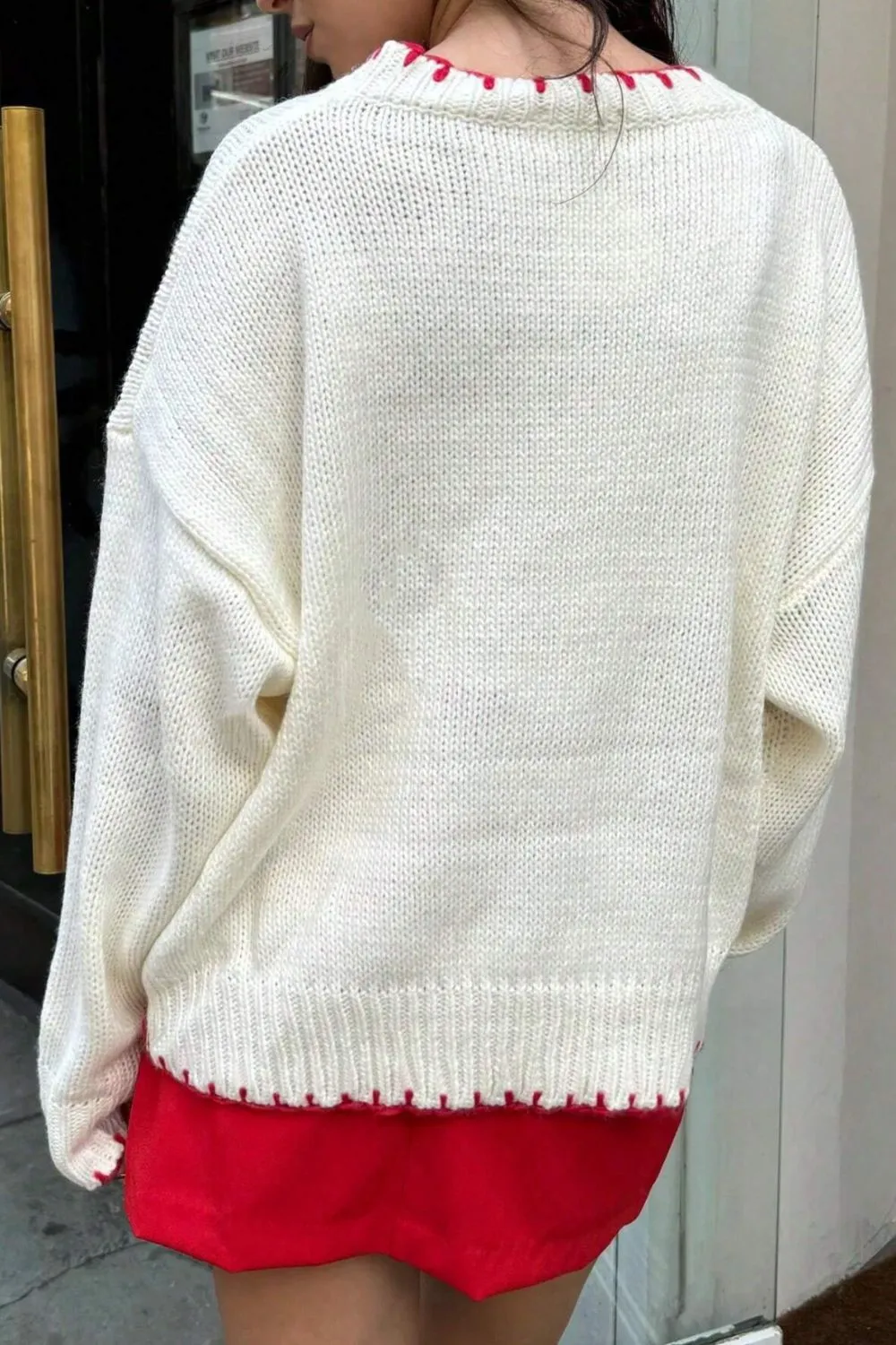Trendy Bow Graphic Round Neck Long Sleeve Knit Sweater