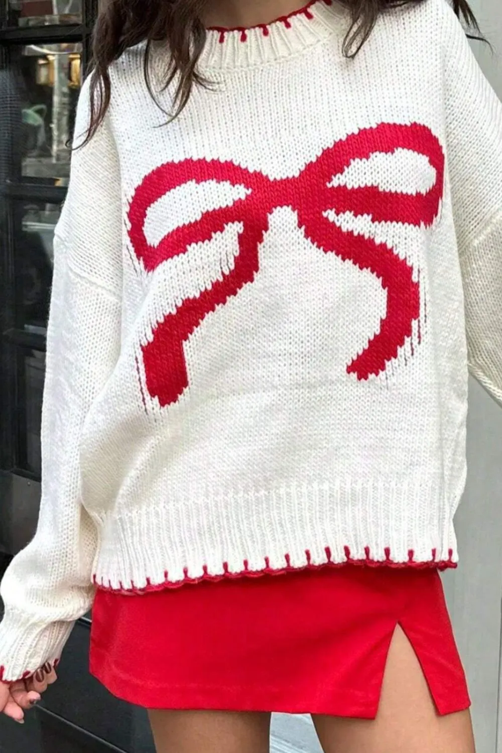 Trendy Bow Graphic Round Neck Long Sleeve Knit Sweater
