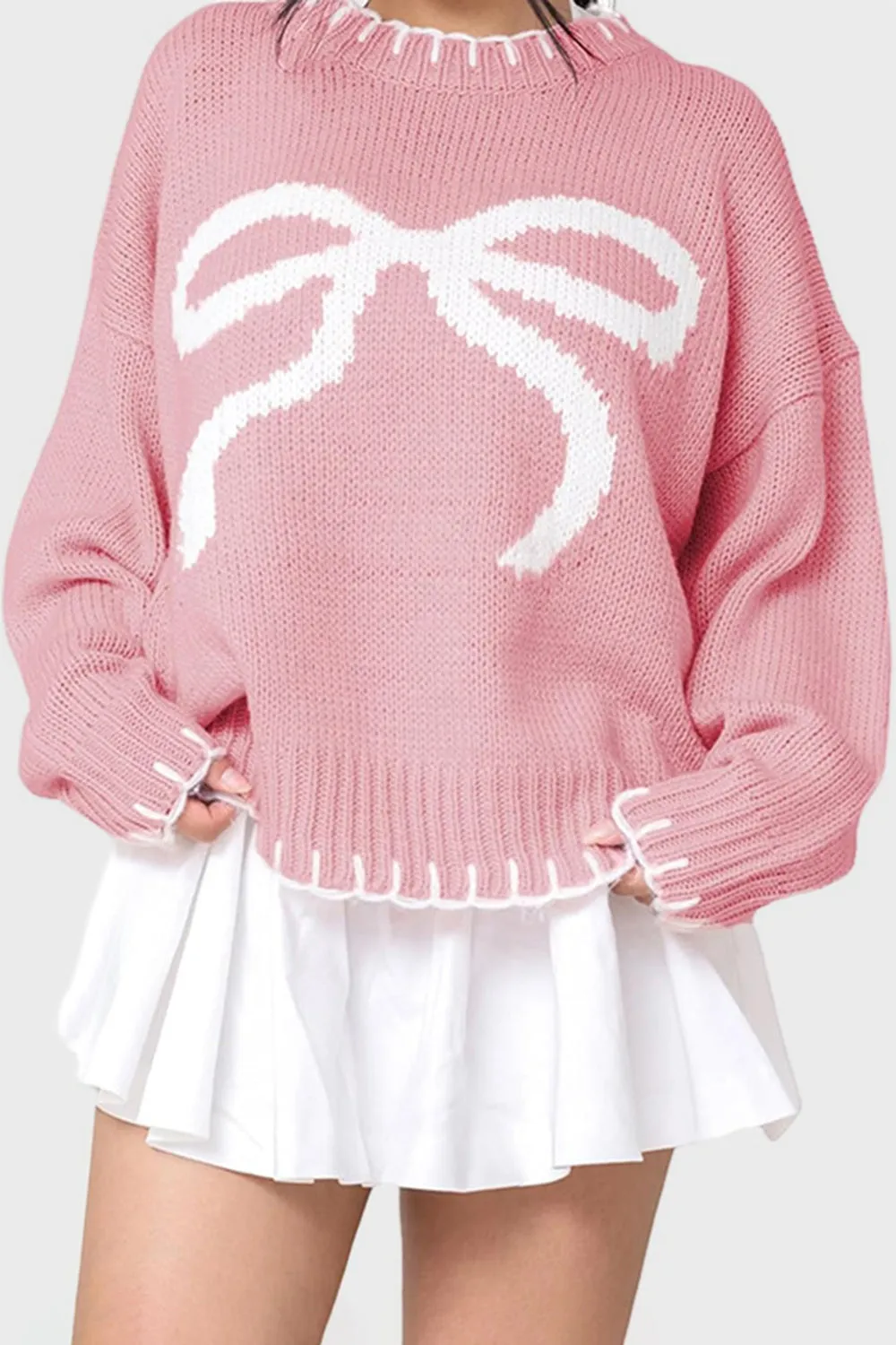 Trendy Bow Graphic Round Neck Long Sleeve Knit Sweater