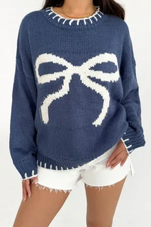 Trendy Bow Graphic Round Neck Long Sleeve Knit Sweater