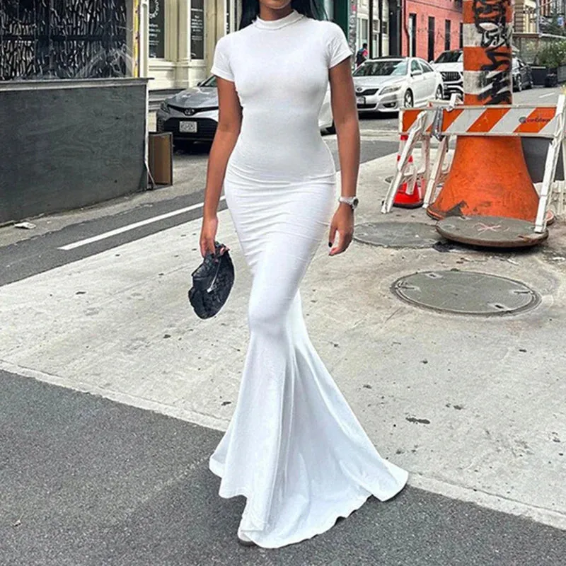 Uniwim Elegant White Short Sleeves Maxi Dress