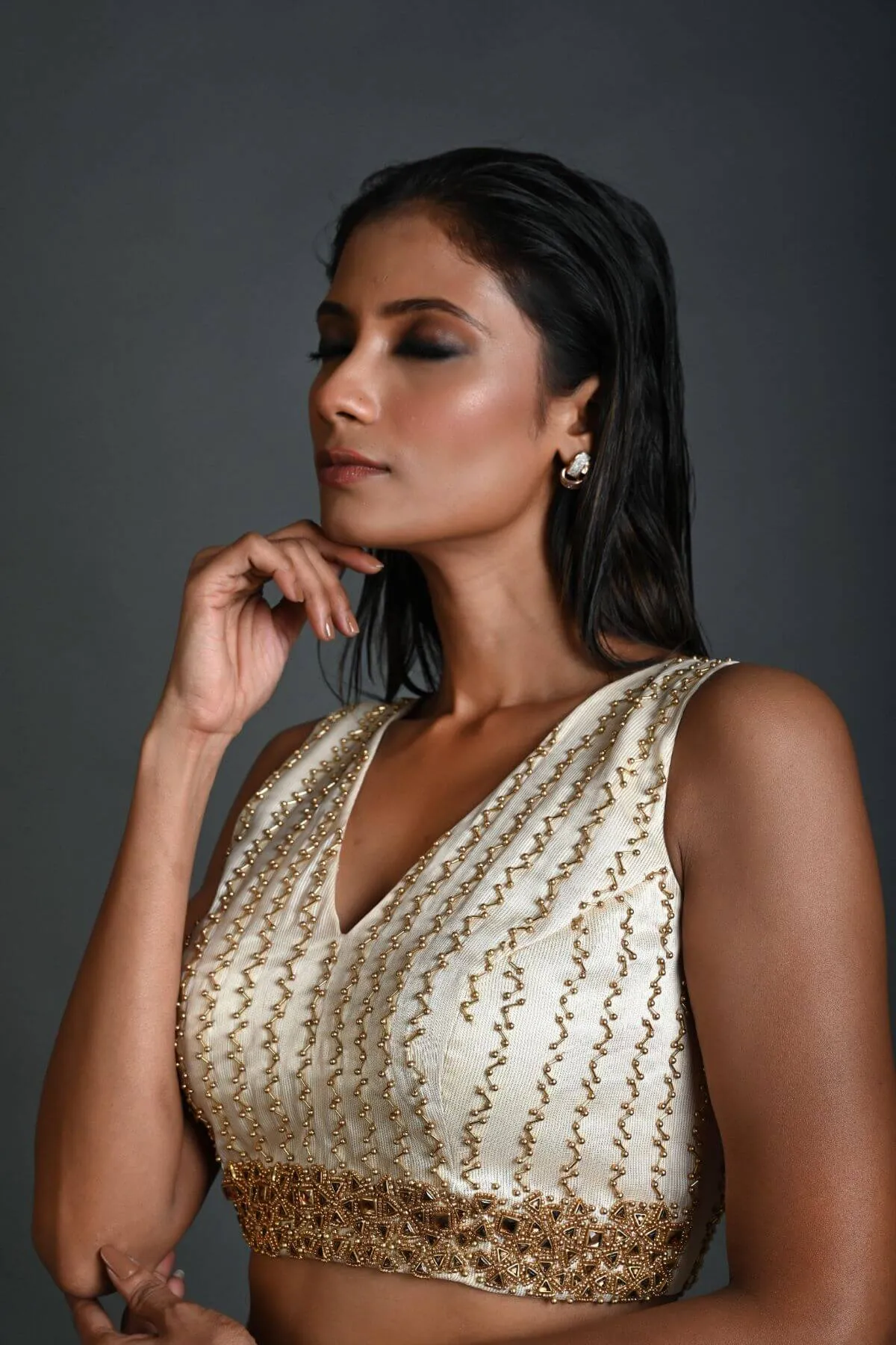 White Hand Embroidered Blouse in Tissue Silk with V-Neckline
