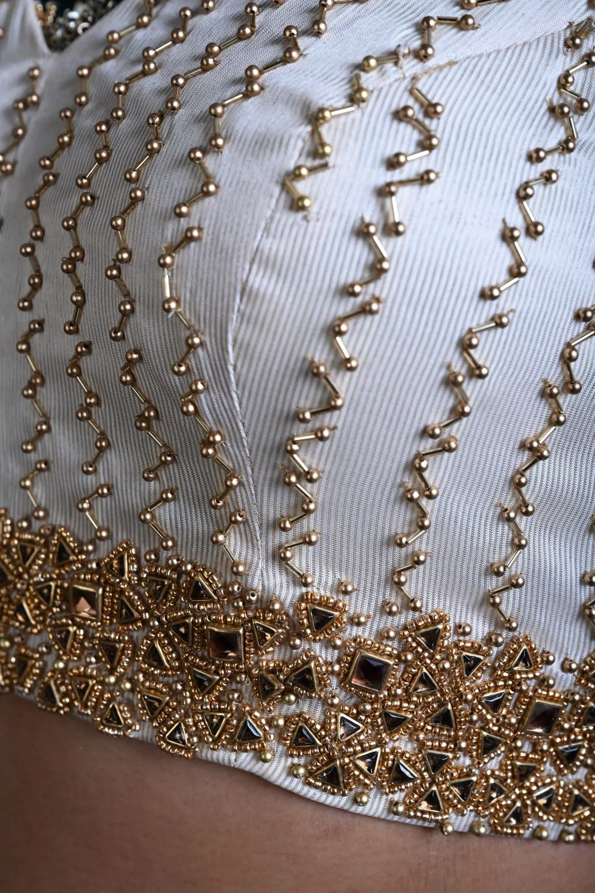 White Hand Embroidered Blouse in Tissue Silk with V-Neckline