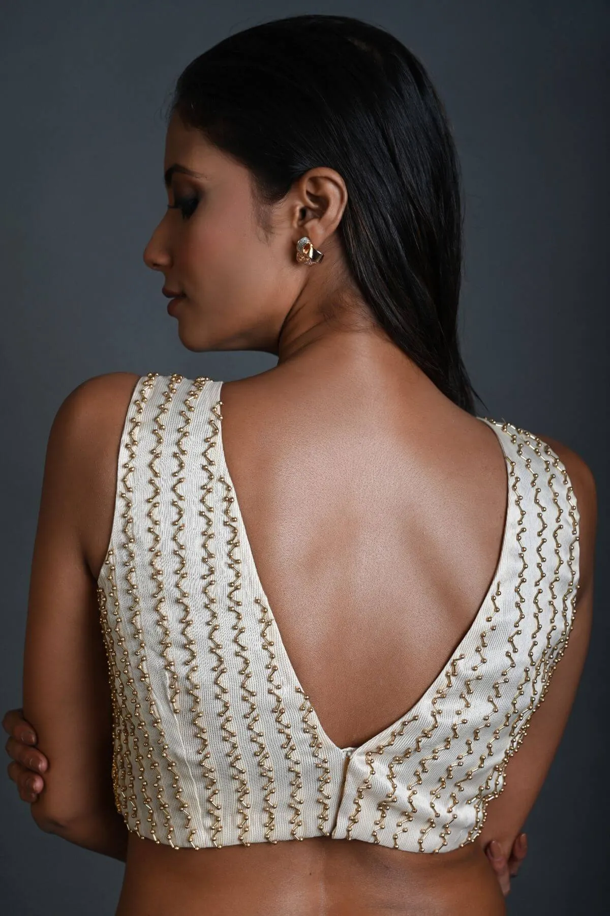 White Hand Embroidered Blouse in Tissue Silk with V-Neckline