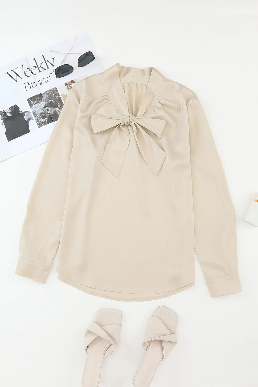 White Solid Bow Tie Long Sleeve Blouse